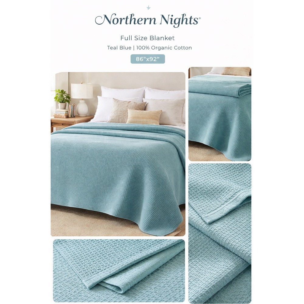 Northern Nights Full Size‎ Blanket Teal Blue 100% Organic Cotton 86x92 H226838